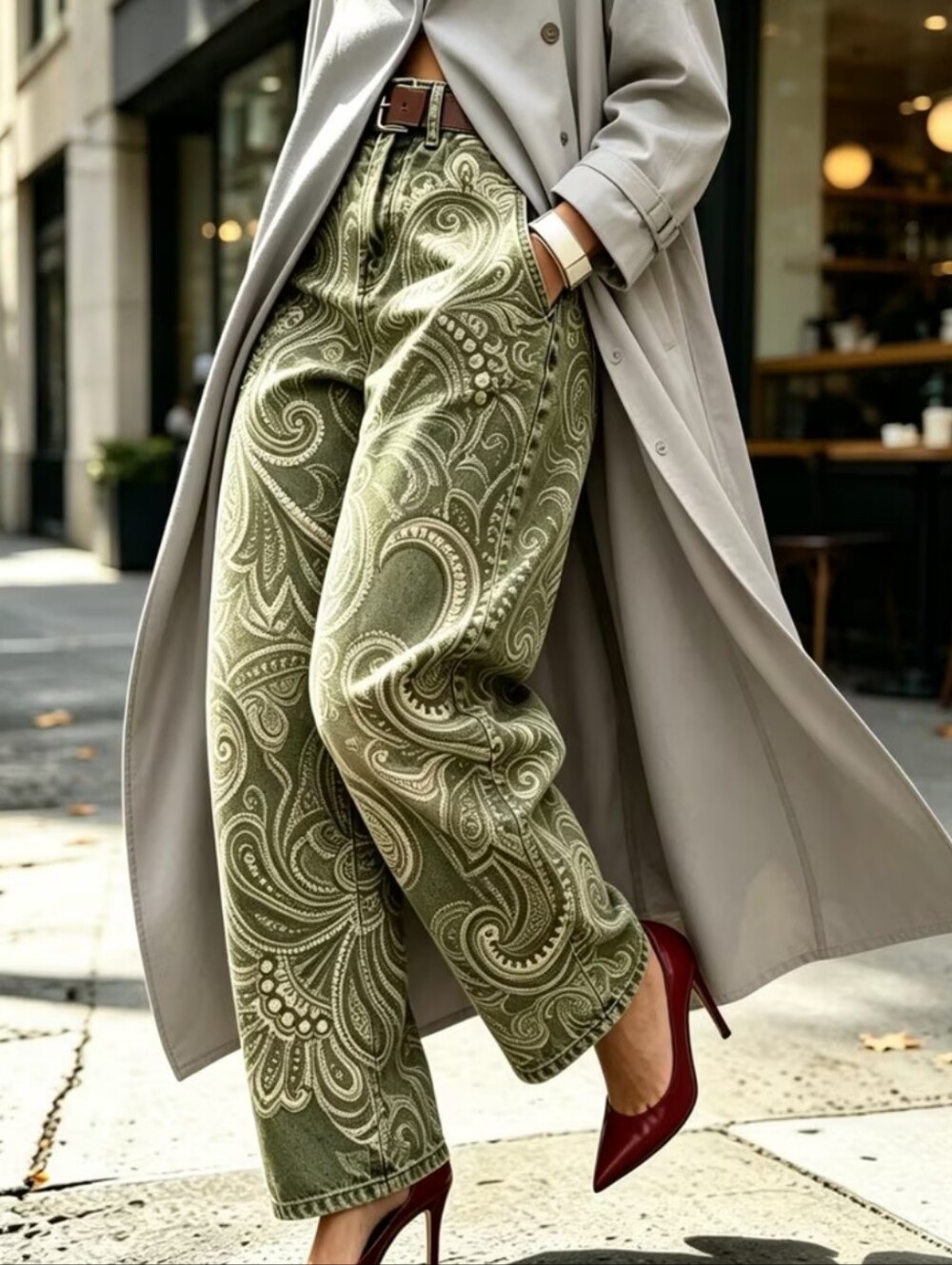 Women's Olive Paisley Wide-Leg Pants